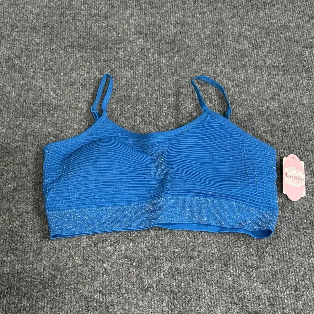 Anemone Bra Womens One Size Blue Glitter Stripe Seamless Stretch Bralette New